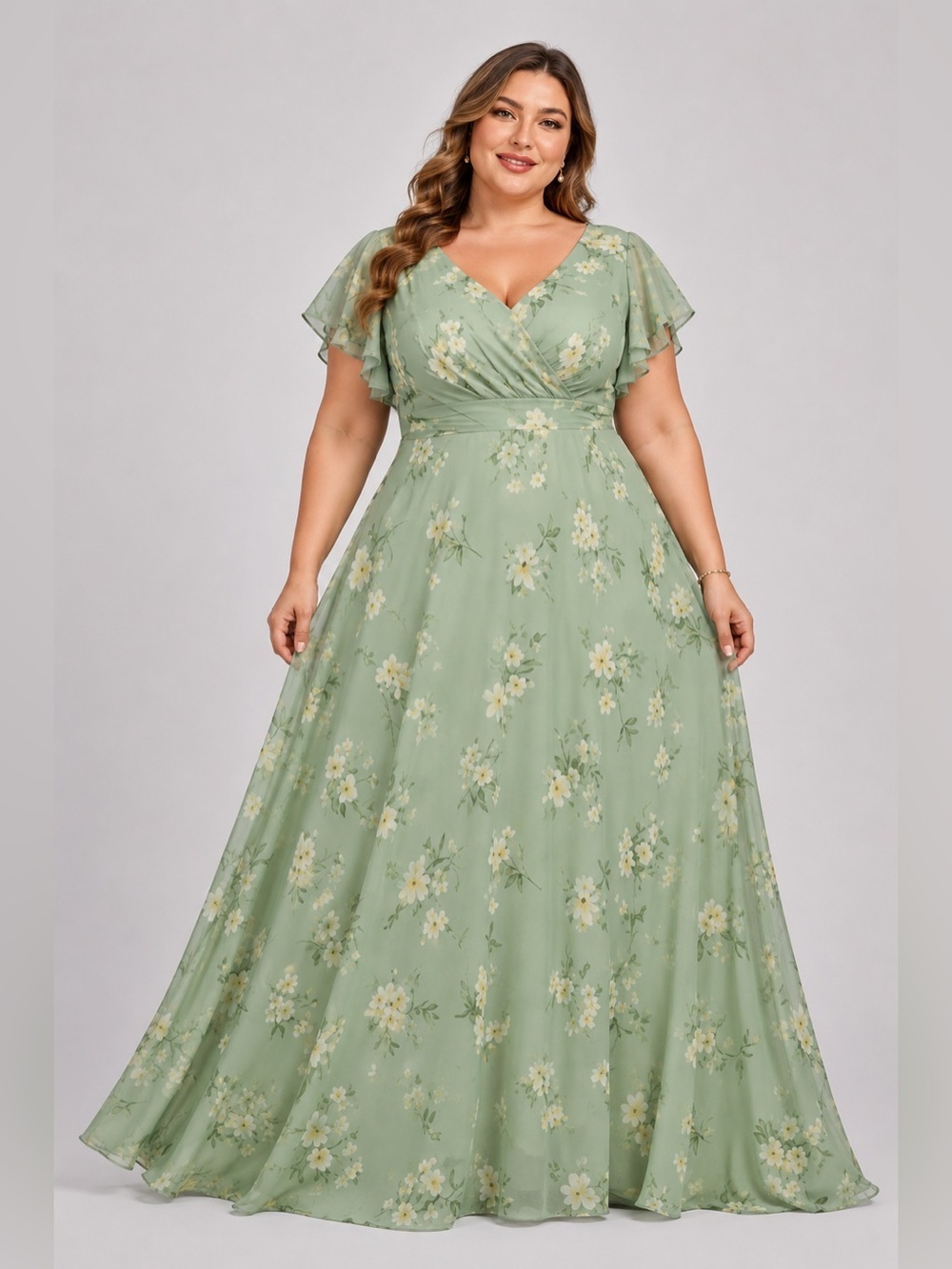 NWT JJ's House Cesia Green Floral Chiffon Ruffle Maxi Dress Special Event 16W